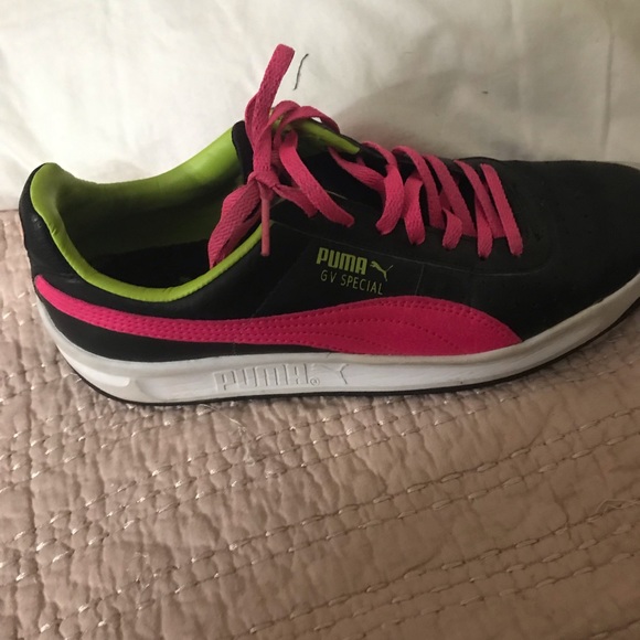 lime green and pink pumas